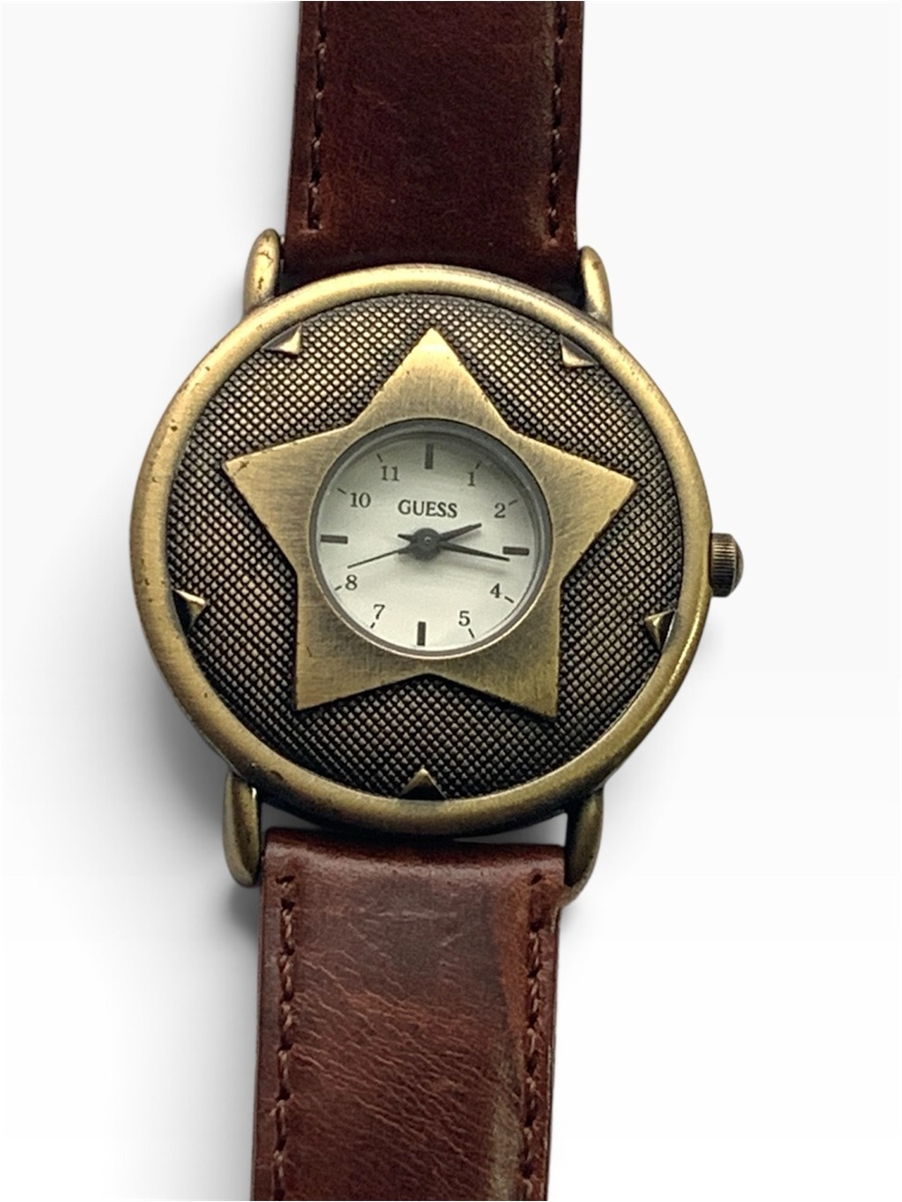 GUESS Brown Leather Strap Watch with Bronze Star Accent, Unisex